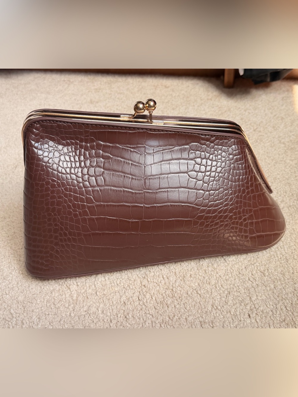 Anthropologie Croc-Embossed Frame Clutch - Brown with Gold Hardware